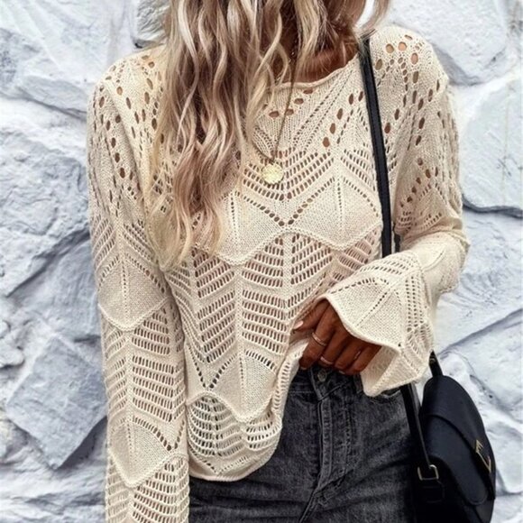 2/$40 Ivory Beige Lace Knit Crochet Chevron Sweater Pullover Long Sleeve Top L - Picture 1 of 9